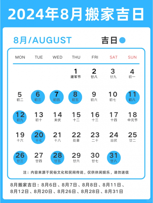 2024年乔迁入宅吉日一览表