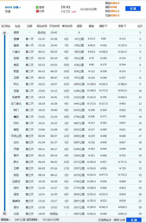 北京到深圳火车时刻表